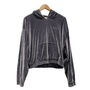 Victoria’s Secret PINK VS Sz L velour hooded sweatshirt hoodie dark gray y2k